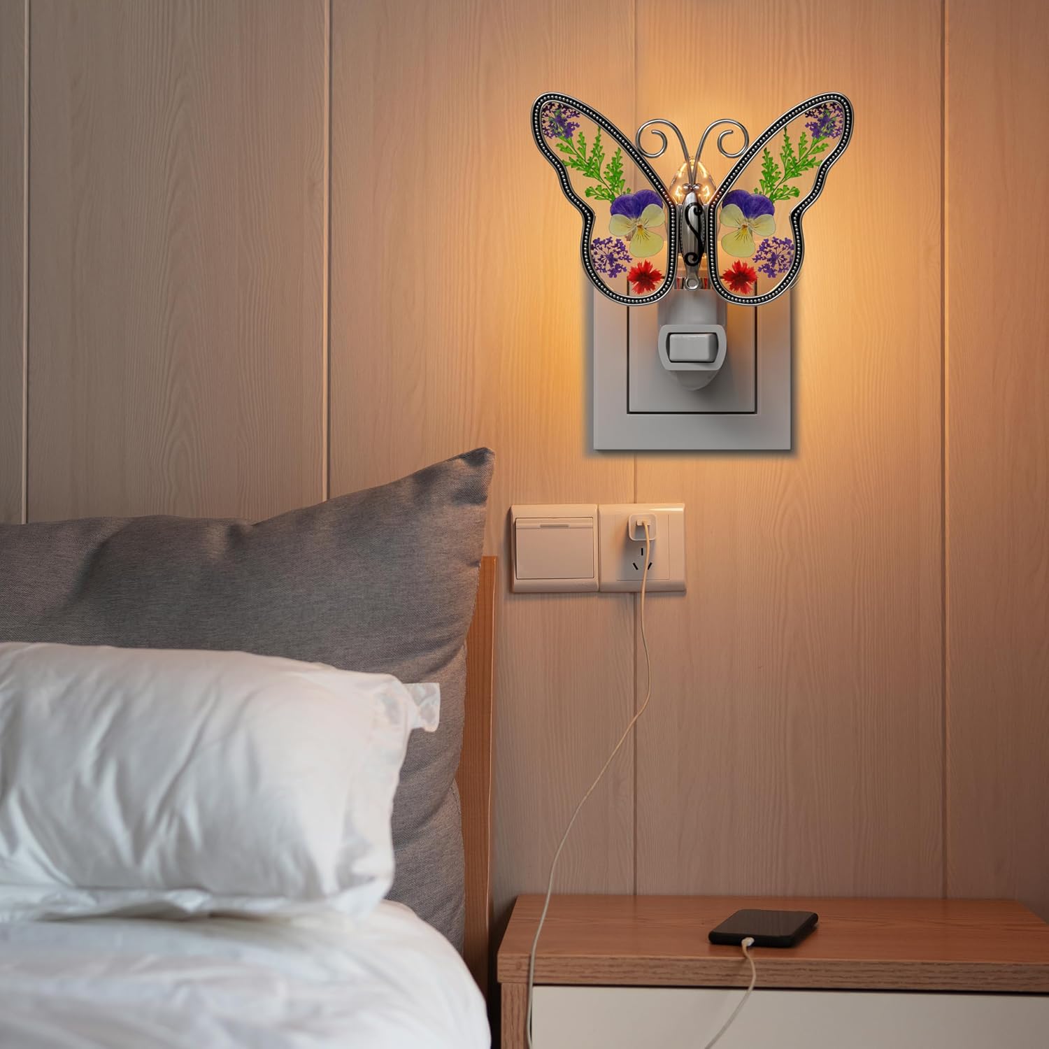KY&BOSAM Butterfly Night Lights Plug into Wall 1-Pack 7W Plug in Night Light Dusk to Dawn 3000K Warm White Bright Real Flower+Metal…