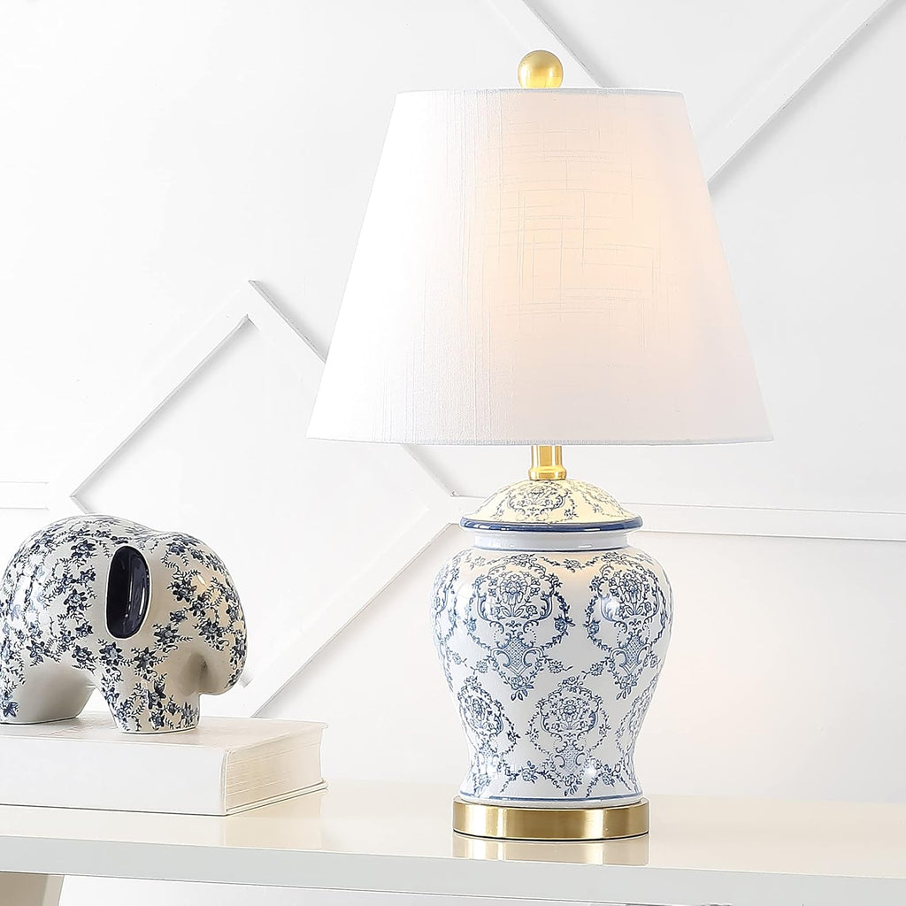 JONATHAN Y 22.25" Blue/White Chinoiserie Ceramic Urn Table Lamp, Traditional Classic Nightstand Lamp for Living Room Bedroom, White Linen…