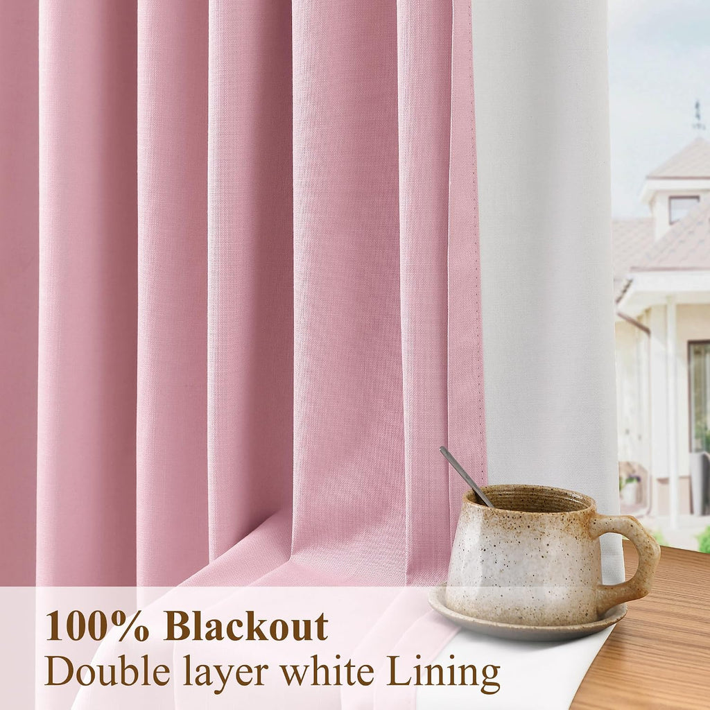 Boodii Pink 120 Inch Extra Long 100% Blackout Linen Pinch Pleated Curtains Thermal Insulated with Hooks & Rings for Girls Bedroom Nursery F…