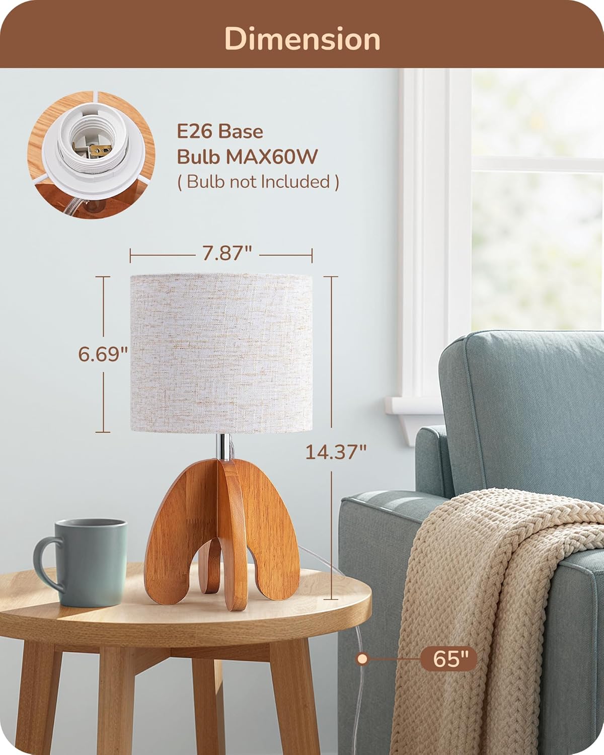 EDISHINE Wood Table Lamp, Small Nightstand Lamp with Beige Linen Lampshade, Integrated Four-Legged Wooden Base, End Bedside Lamp for…
