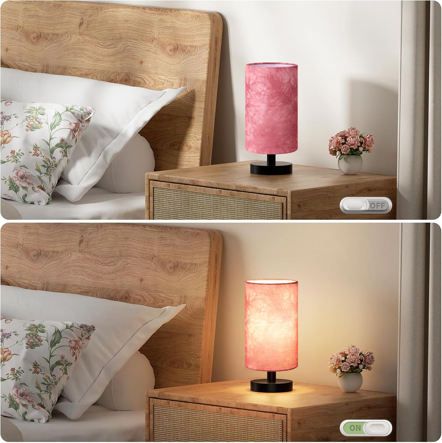 Fenmzee Small Table Lamp for Bedroom - Inline Control, Bedside Lamp with 3000K A15 LED Blub, Easy Assembly (Pink Shade - Black Base, 9"…