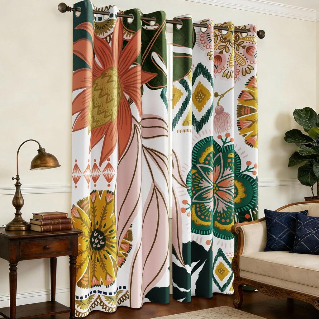 Tyrot Boho Floral 100% Blackout Curtains for Living Room 72 inch Long 2 Panels Mid Century Botanical Black Out Curtains for Bedroom…