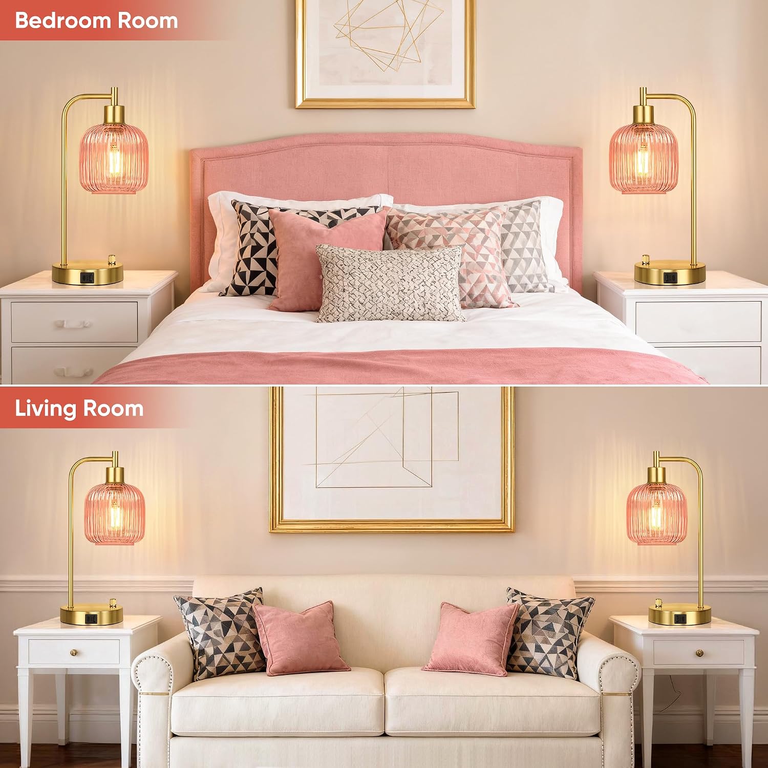 QiMH Industrial Table Lamp for Bedroom Set of 2, Pink Glass Beside Lamp with USB A&C Ports, Stepless Dimmable Gold Lamps, Nightstand…