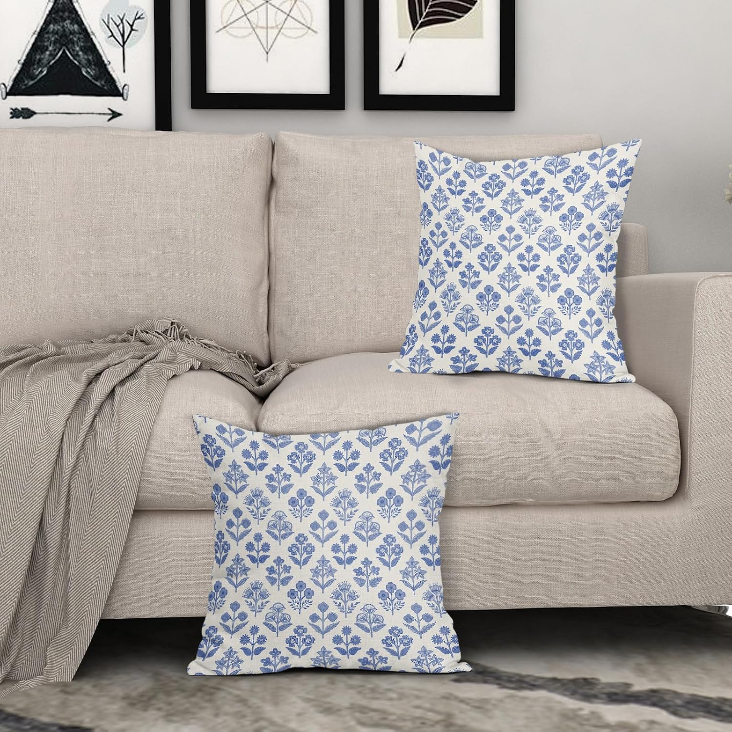Blue Floral Pillow Covers 24x24 Inch Set of 2, Vintage Flower Block Print Pattern Decorative Throw Pillowcases Outdoor Farmhouse Cushion…