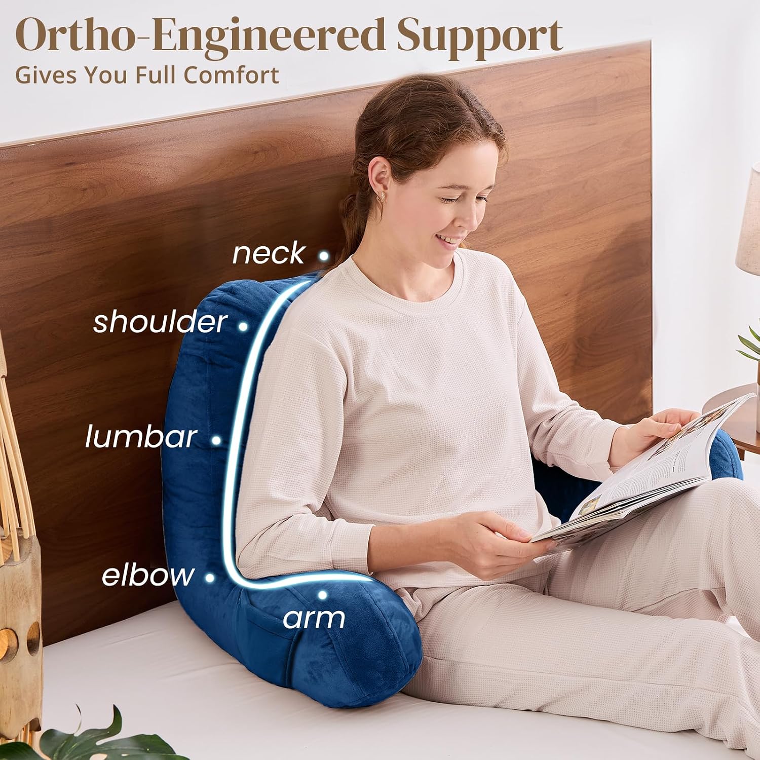 Sasttie Reading Pillow, Pillows for Reading or Relaxing – Ergonomic Support for Head, Neck, Back, and Lumbar, 21-Inch, Navy Blue Blue