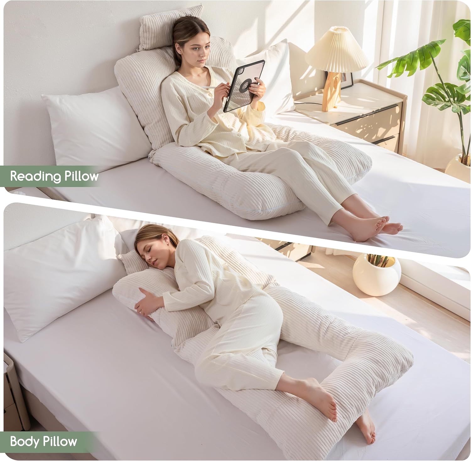 Higogogo Reading Pillow, Back Pillow for Sitting in Bed and Couch, Gaming Pillow for Adults, Sit Up Support for Bed, Beige