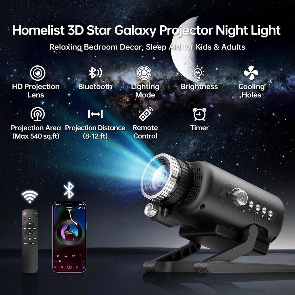 Homelist 3D Galaxy Projector Light for Kids & Adults with White Noise & Bluetooth Speaker, 60 Scenes Star Projector Night Light f…