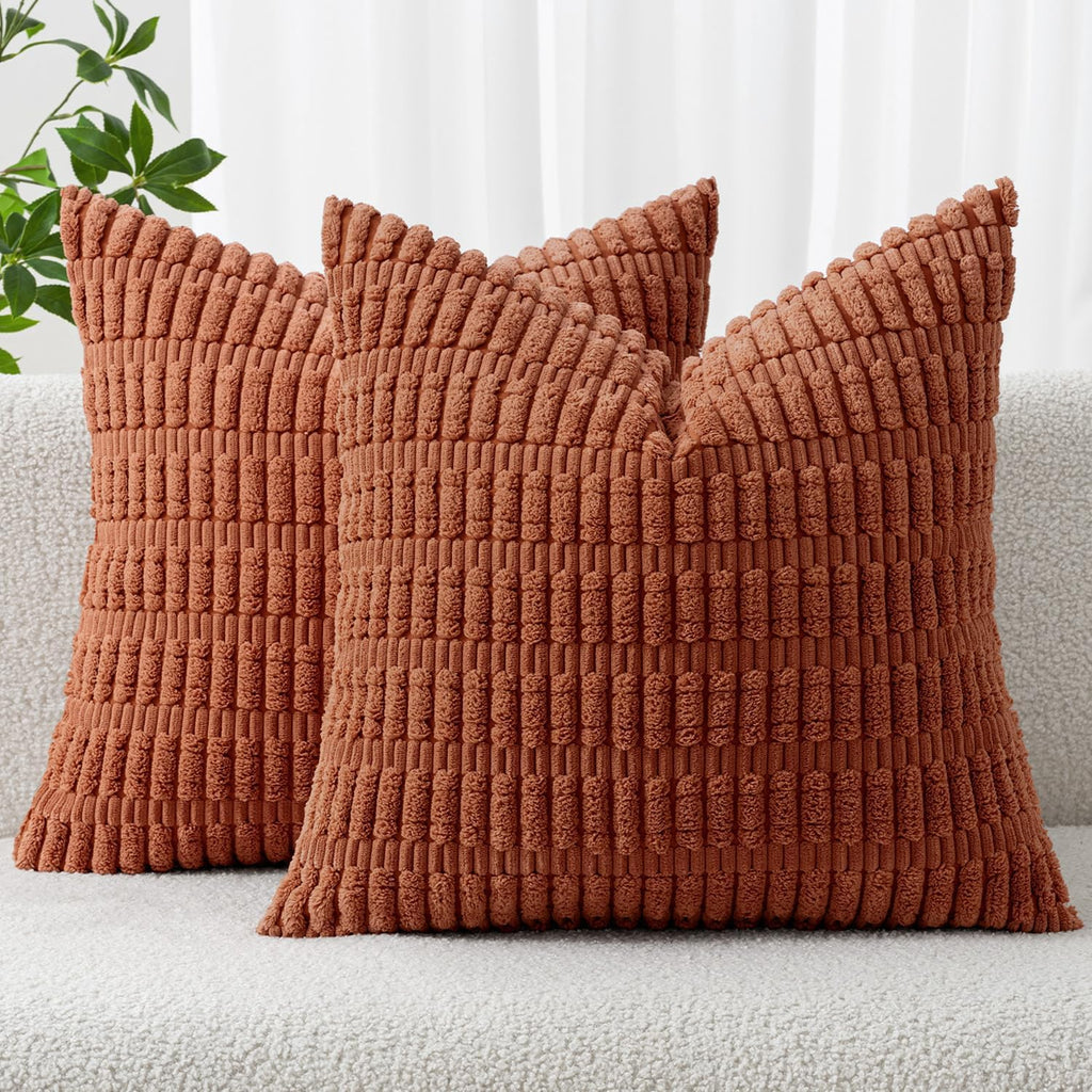 Miulee Pack of 2 Dark Rust Corduroy Decorative Pillow Covers 20x20 Inch Soft Boho Striped Throw Pillow Covers Modern Farmhouse Home Decor f…