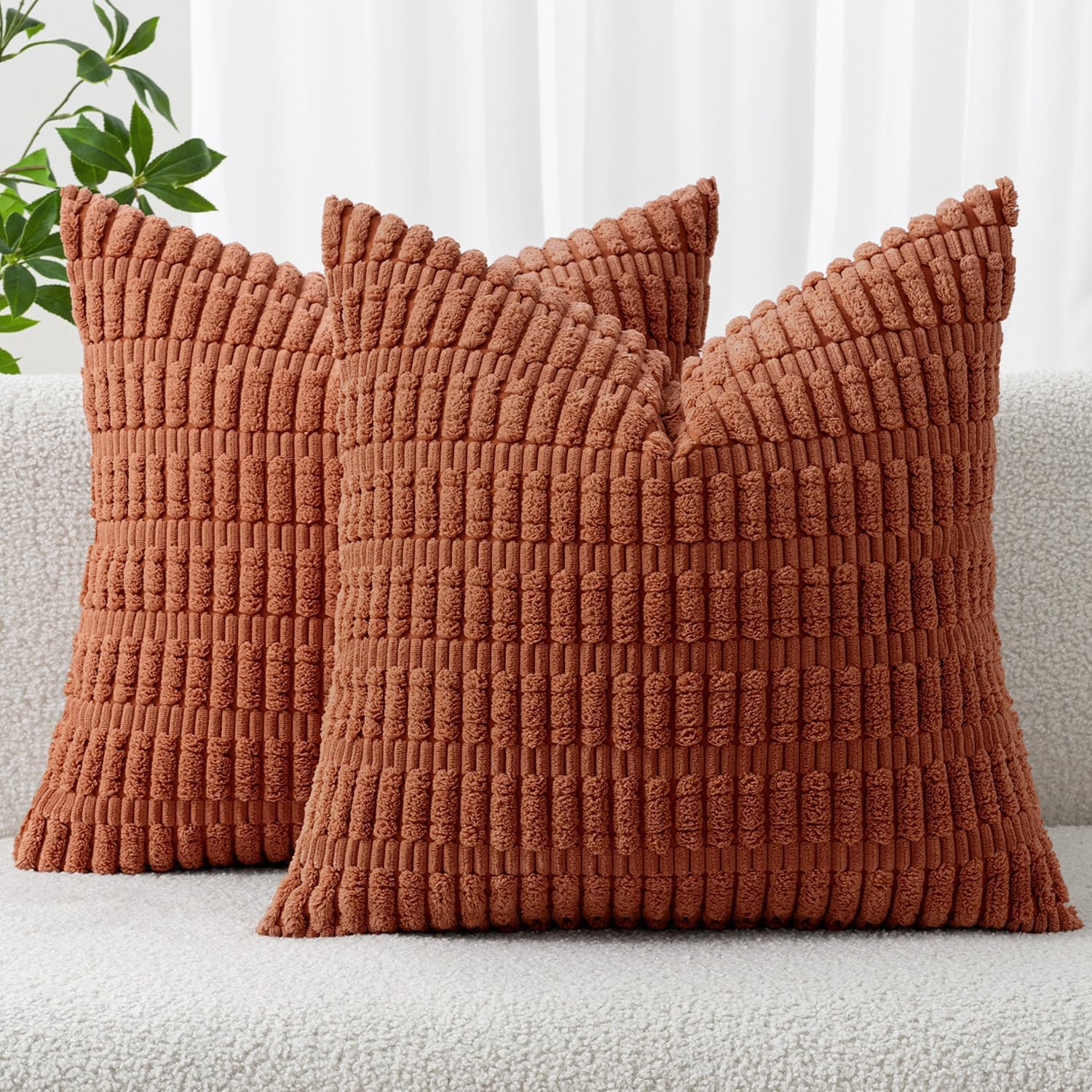 Miulee Pack of 2 Dark Rust Corduroy Decorative Pillow Covers 20x20 Inch Soft Boho Striped Throw Pillow Covers Modern Farmhouse Home Decor f…