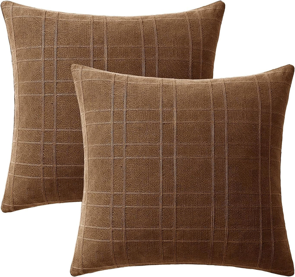 Miulee Decorative Linen Check Throw Pillow Covers Neutral Farmhouse Vintage Pillow Covers 18x18 Set of 2 Boho Modern Winter Home Decor for…