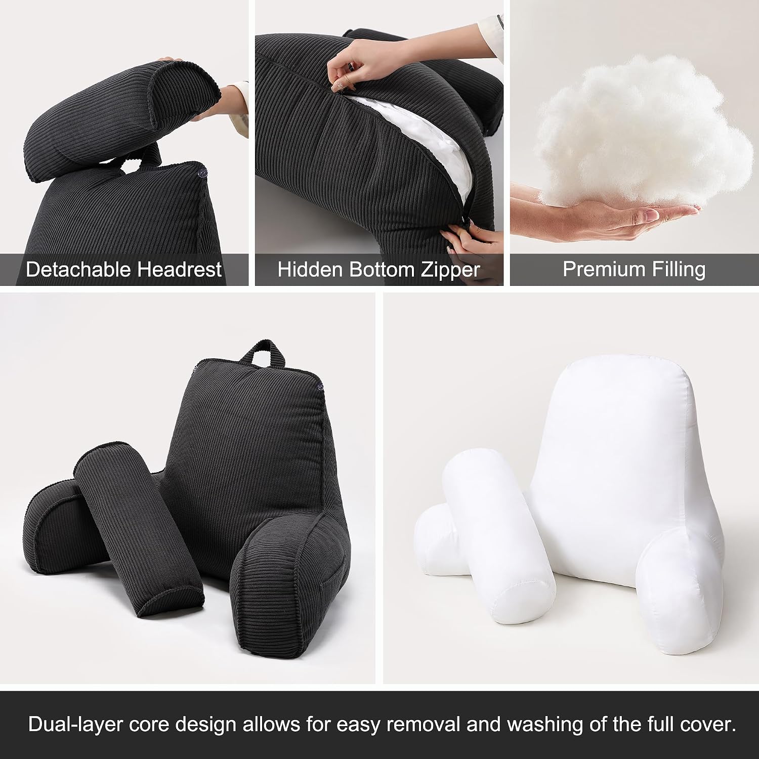 Ailuteie Corduroy Reading Pillow for Sitting Up in Bed, Bed Rest Backrest Pillow with Arms, Low Back Support Cushion with Side Pockets & Wa…