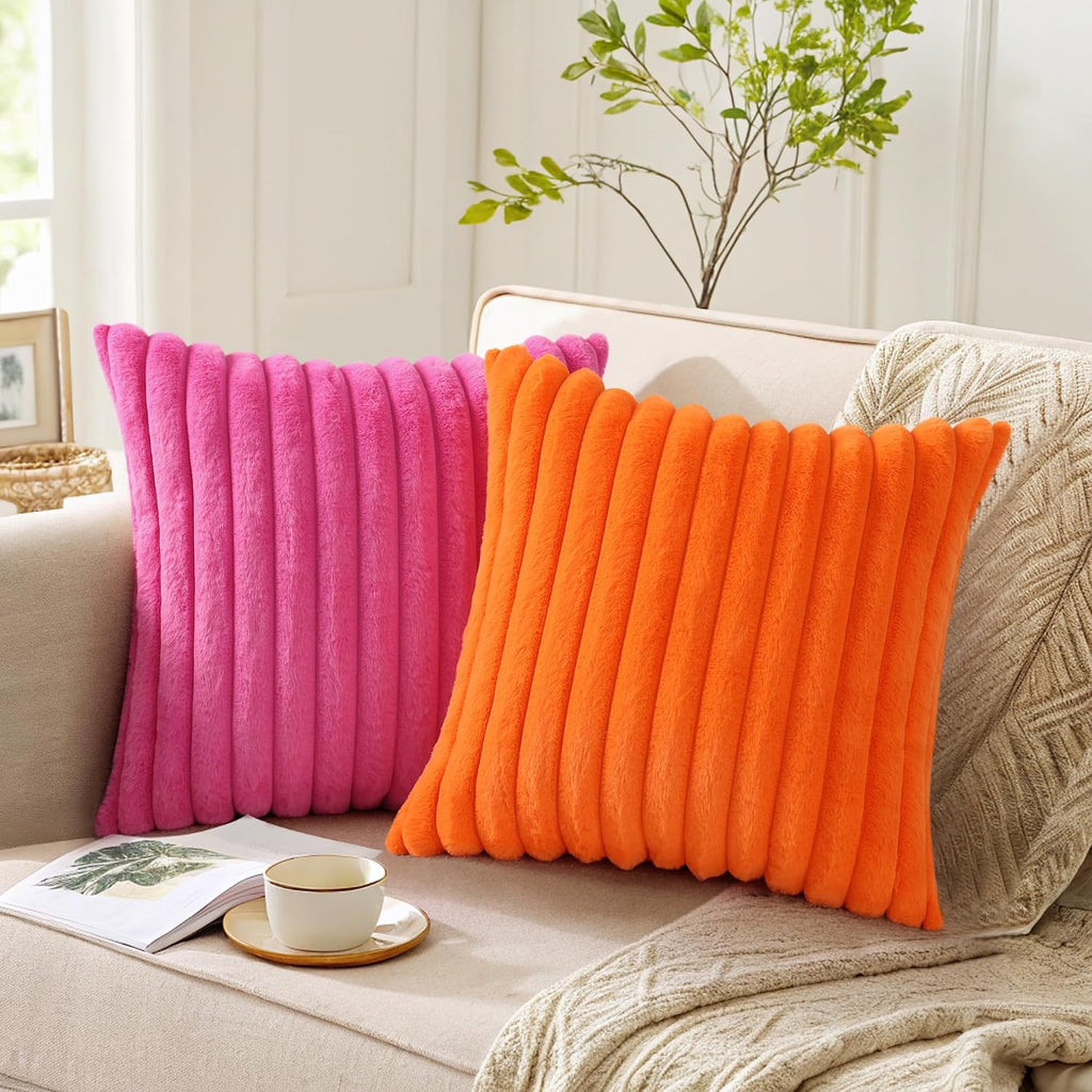 Pallene Faux Fur Plush Throw Pillow Covers 22x22 Set of 2, Luxury Soft Fluffy Striped Decorative Pillow Covers for Sofa, Couch, Living…