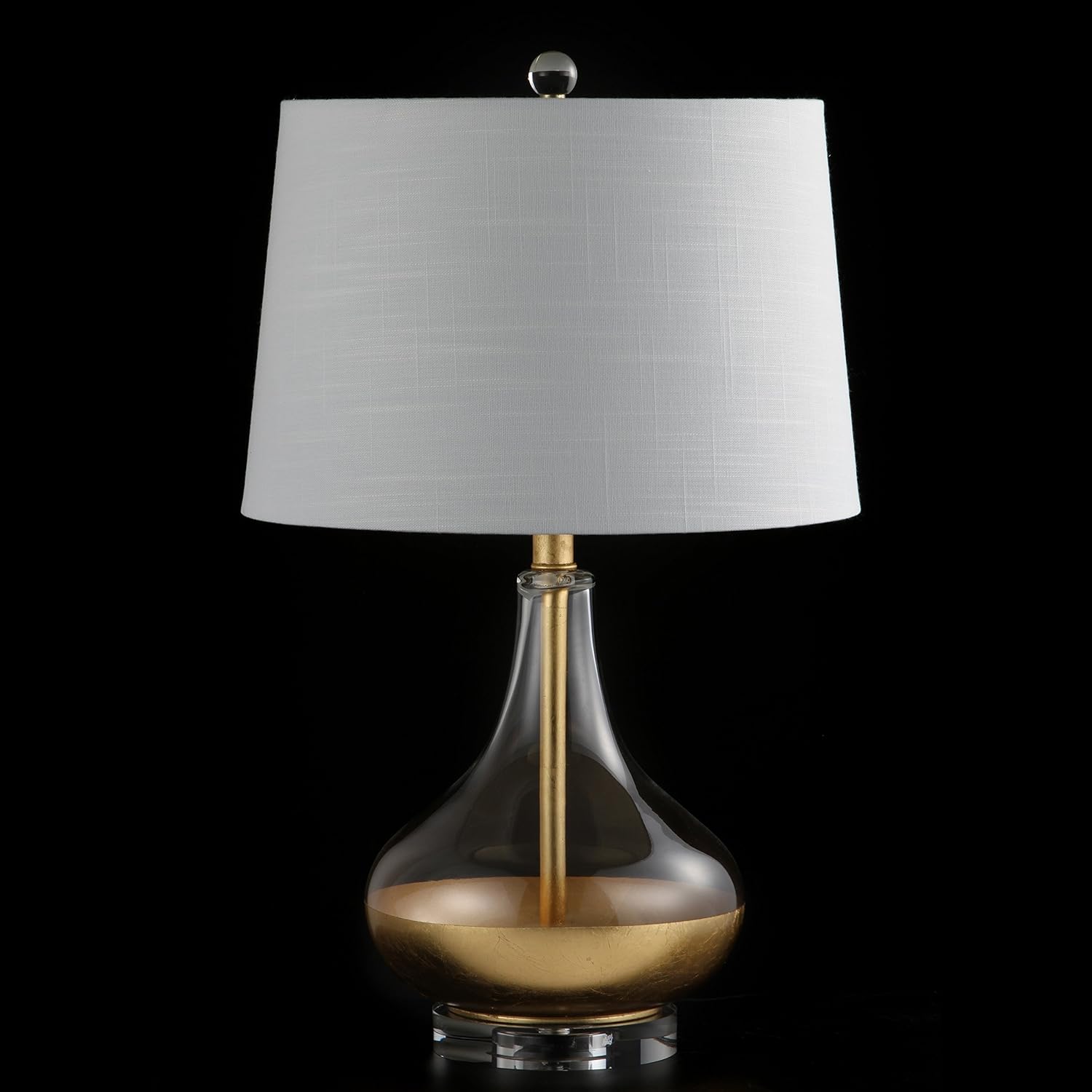 JONATHAN Y 24.5" Gold Painted Glass Table Lamp, Modern Glam Teardrop Nightstand Lamp with White Linen Drum Shade and Crystal Base, UL…