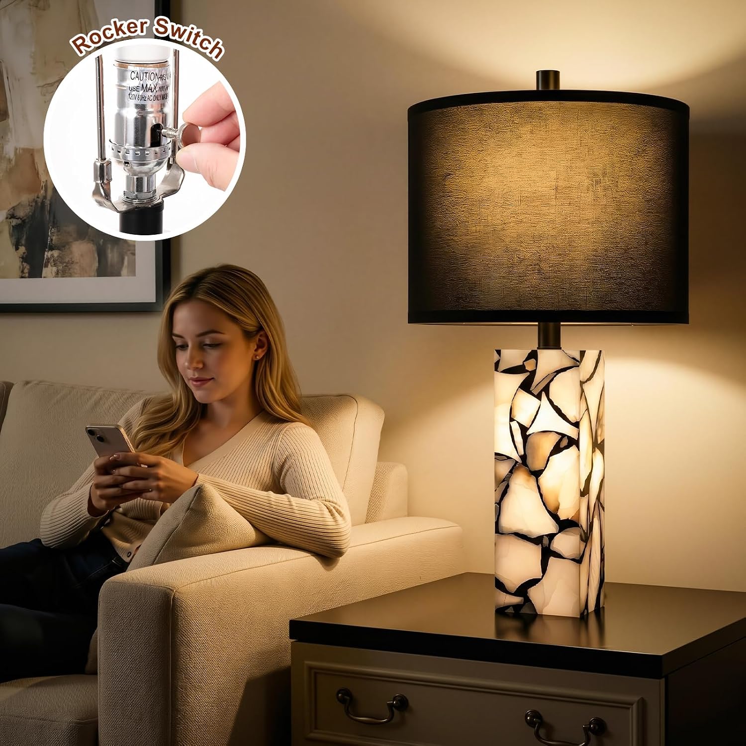 Scenekoy 23" Alabaster Table Lamps Set of 2 with Night Light for Living Room, Rotary Switch, Black Modern Table Lamp with Black Linen…