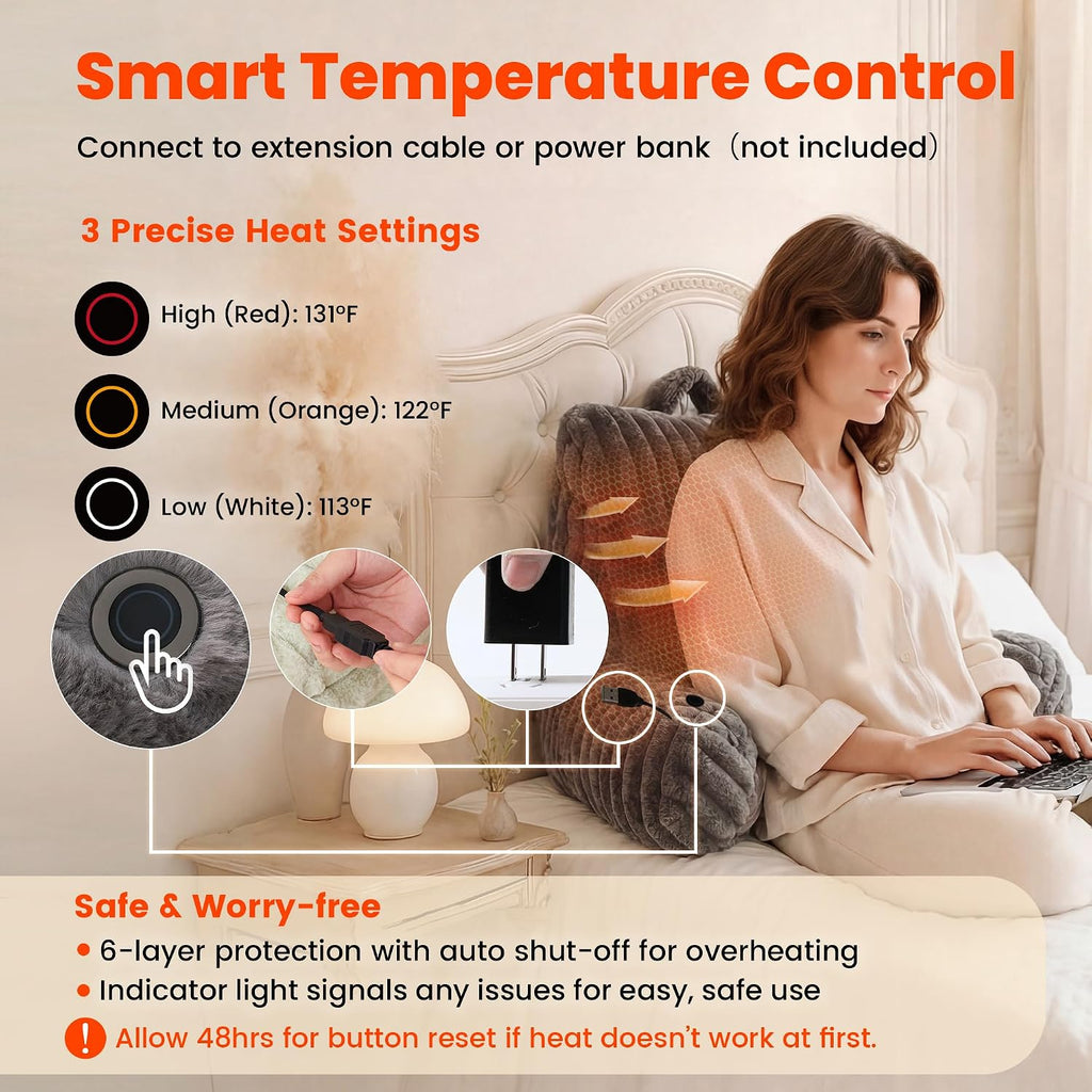 Amélie Home Heated Faux Fur Reading Pillow 3 Temperature Backrest for Sitting in Bed Support Cushion, USB-Powered(No Power Bank Included)…