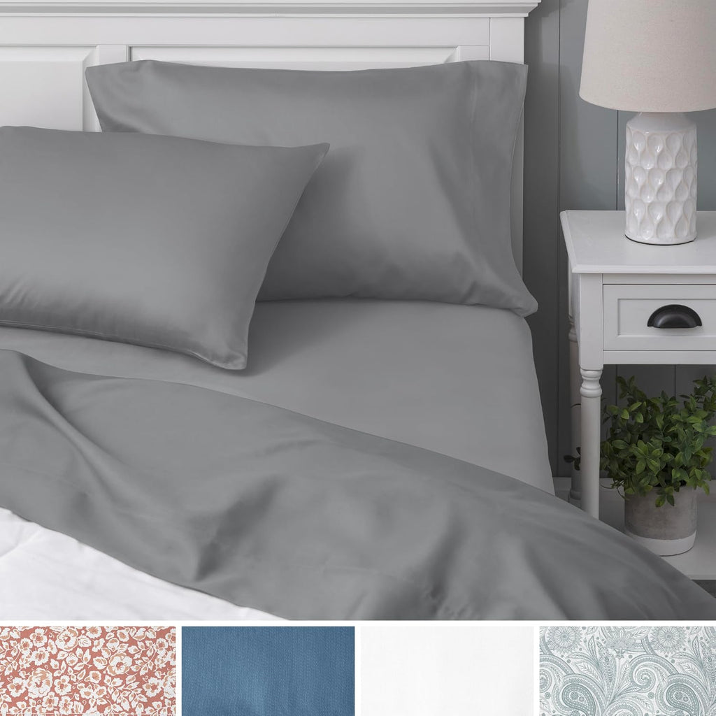 WelhomeByWelspun Welhome 100% Cotton Percale 4-Piece Queen Size Solid Bed Sheets Set, 1 Fitted, 1 Flat Sheet with 2 Pillowcases, Gray Cotto…