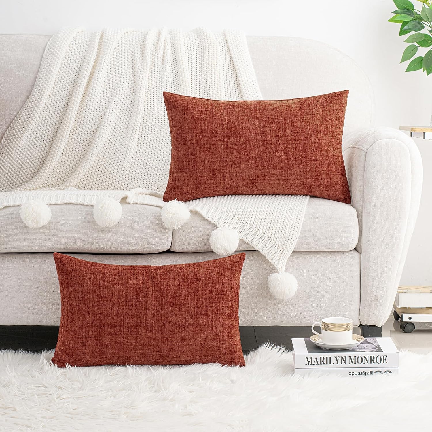 Hwy50 HWY 50 Burnt Orange Lumbar Pillow Covers 12x20 Inch Pack of 2, Soft Chenille Decorative Throw Pillow Covers Farmhouse Fall for Couch…