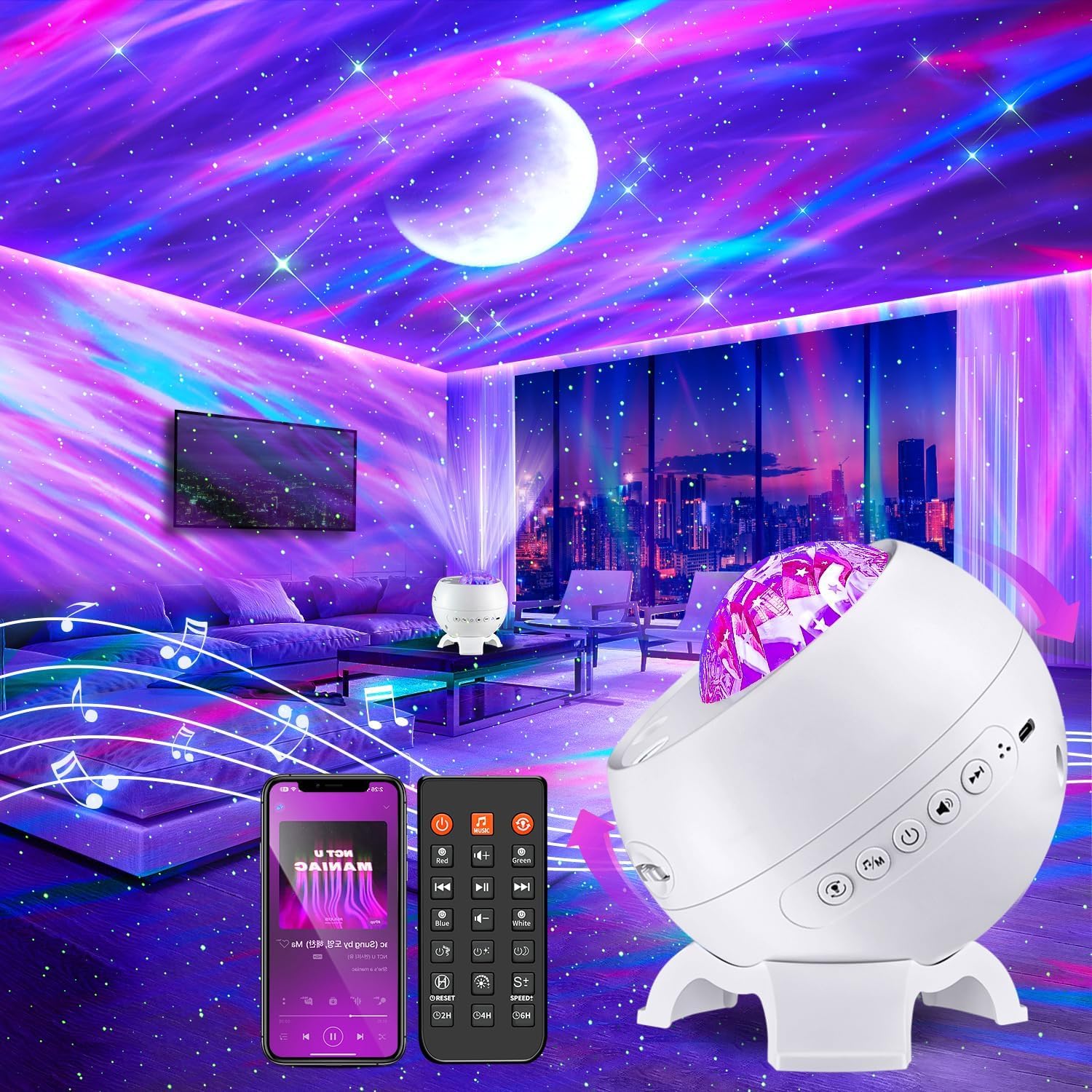Northern Lights Projector,300+Lighting Modes Galaxy Projector for Bedroom,15 White Noise&Bluetooth Galaxy Projector for…