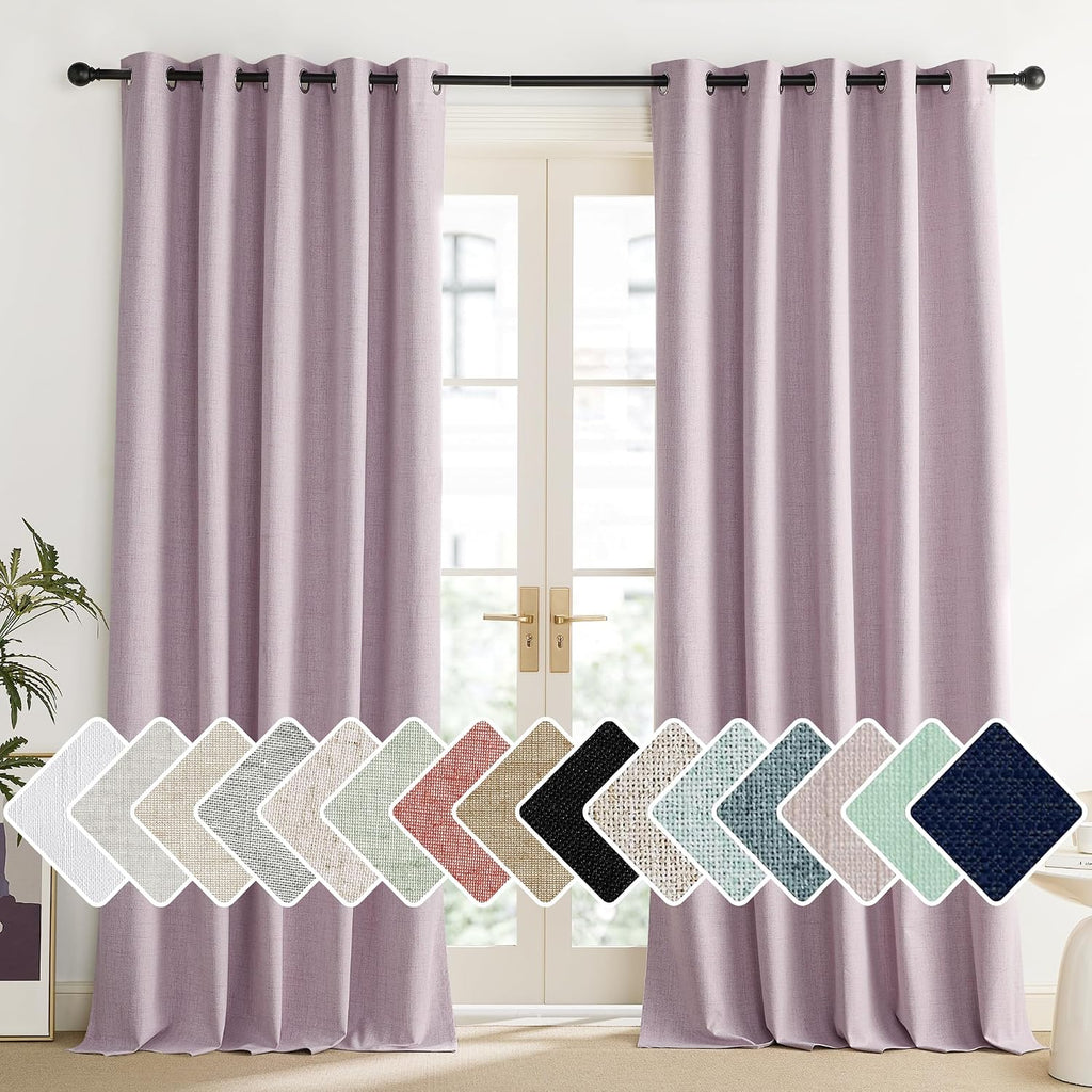 NICETOWN Pink Vintage Linen 100% Blackout Curtains for Living Room, Thermal Insulated Curtains 84" Long, Noise Reducing Window Treatment…