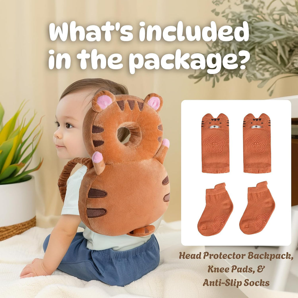 Baby Head Protector Backpack (9 to 24 Months) - Cute Head Guard Pillow with Knee Pads and Socks, Baby Shower Gift, Baby Safety Set…