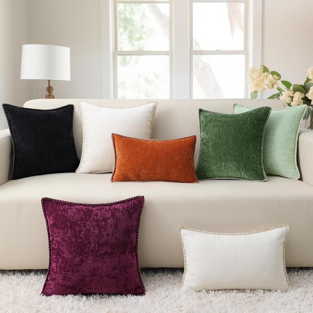 decorUhome Chenille Soft Cozy Throw Pillow Covers 12x20 Set of 2, Modern Farmhouse Boho Velvet Decorative Pillow Cases with Stitched Edge f…