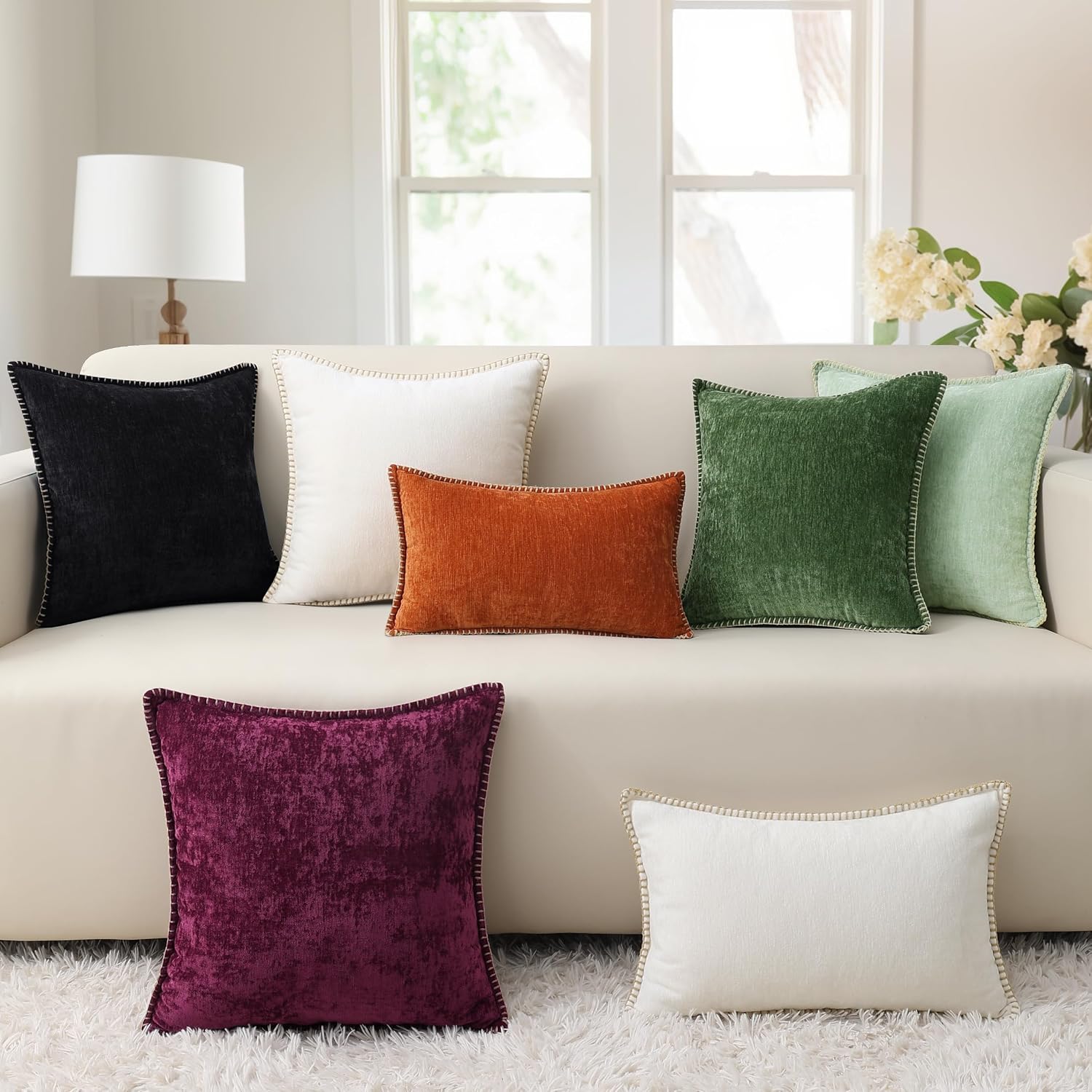 decorUhome Chenille Soft Cozy Throw Pillow Covers 12x20 Set of 2, Modern Farmhouse Boho Velvet Decorative Pillow Cases with Stitched Edge f…