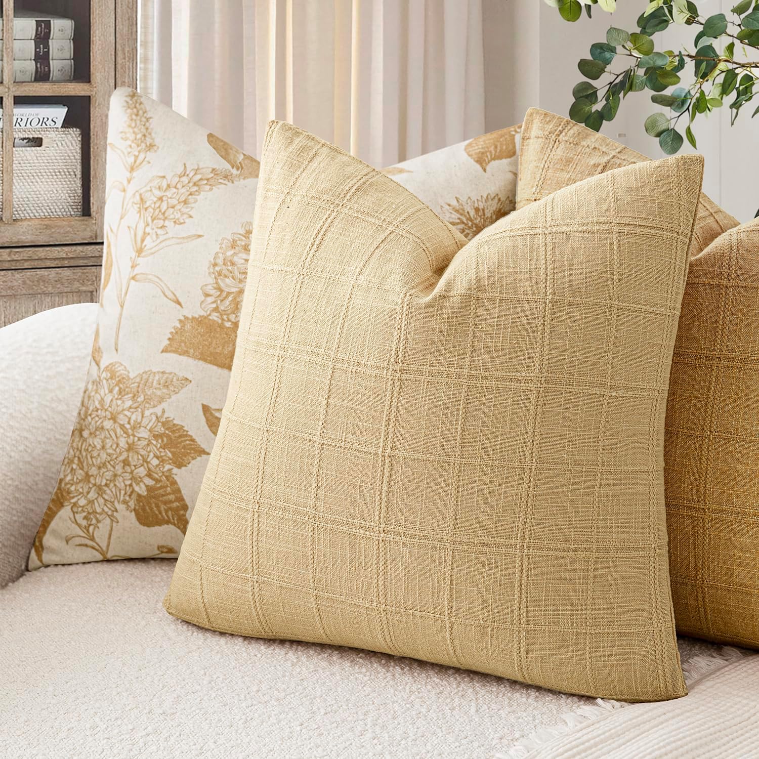 Foindtower Set of 2 Decorative Linen Check Throw Pillow Covers Neutral Farmhouse Vintage Cushion Covers Modern Coastal Boho Home Decor…