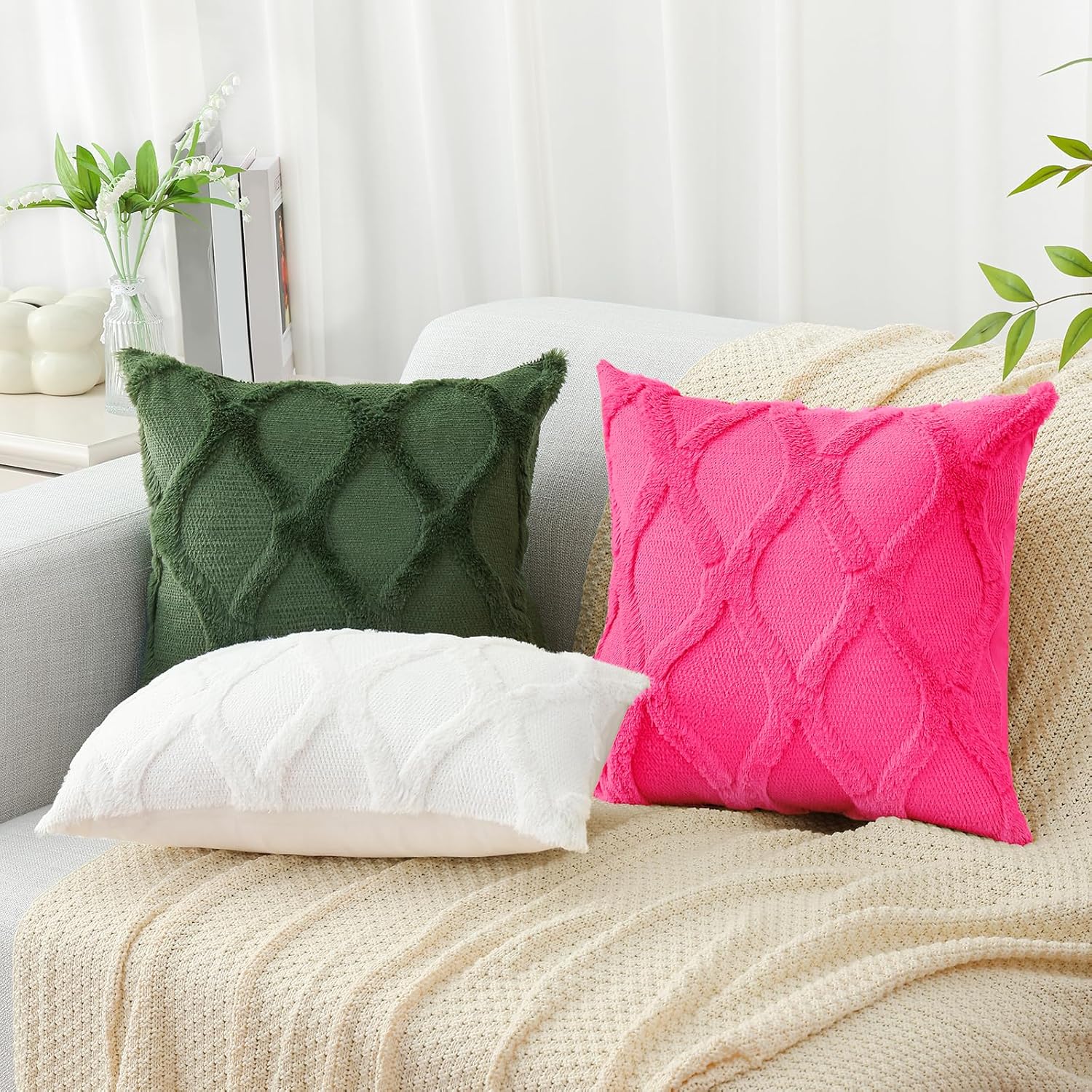 decorUhome Summer Euro Sham Throw Pillow Covers 24x24 Inch Set of 2, Soft Plush Faux Fur Wool Hot Pink Accent Couch Pillow Covers for Moder…