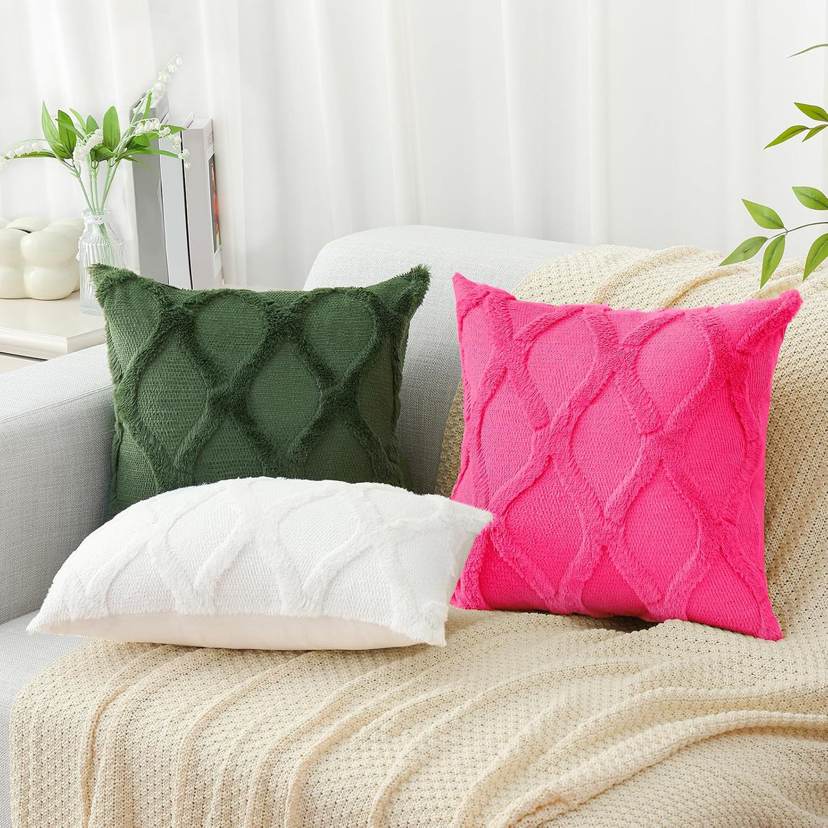 decorUhome Summer Euro Sham Throw Pillow Covers 22x22 Inch Set of 2, Soft Plush Faux Fur Wool Hot Pink Accent Couch Pillow Covers for Moder…