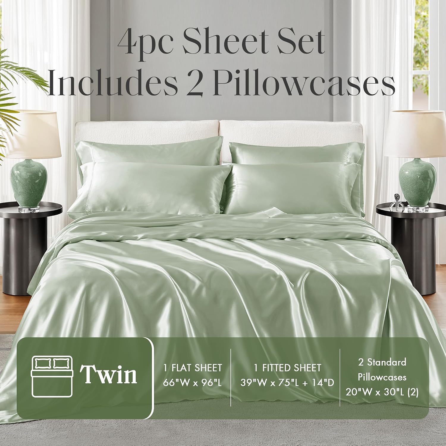 Madisonpark Madison Park Satin Sheets Twin Size, Luxurious Silky Bed Sheets, Elastic 14" Pocket fits up to 16" Mattress, Wrinkle-Free, Soft…