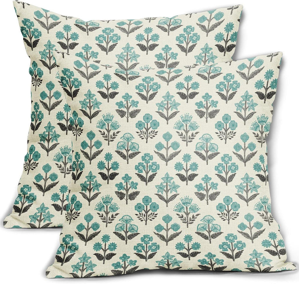 Black Teal Floral Pillow Covers 16x16 Inch Set of 2, Spring Summer Vintage Flower Block Print Pattern Decorative Throw Pillowcases…