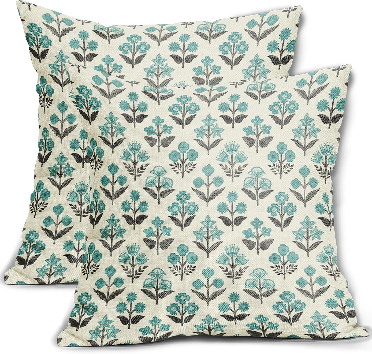 Black Teal Floral Pillow Covers 16x16 Inch Set of 2, Spring Summer Vintage Flower Block Print Pattern Decorative Throw Pillowcases…