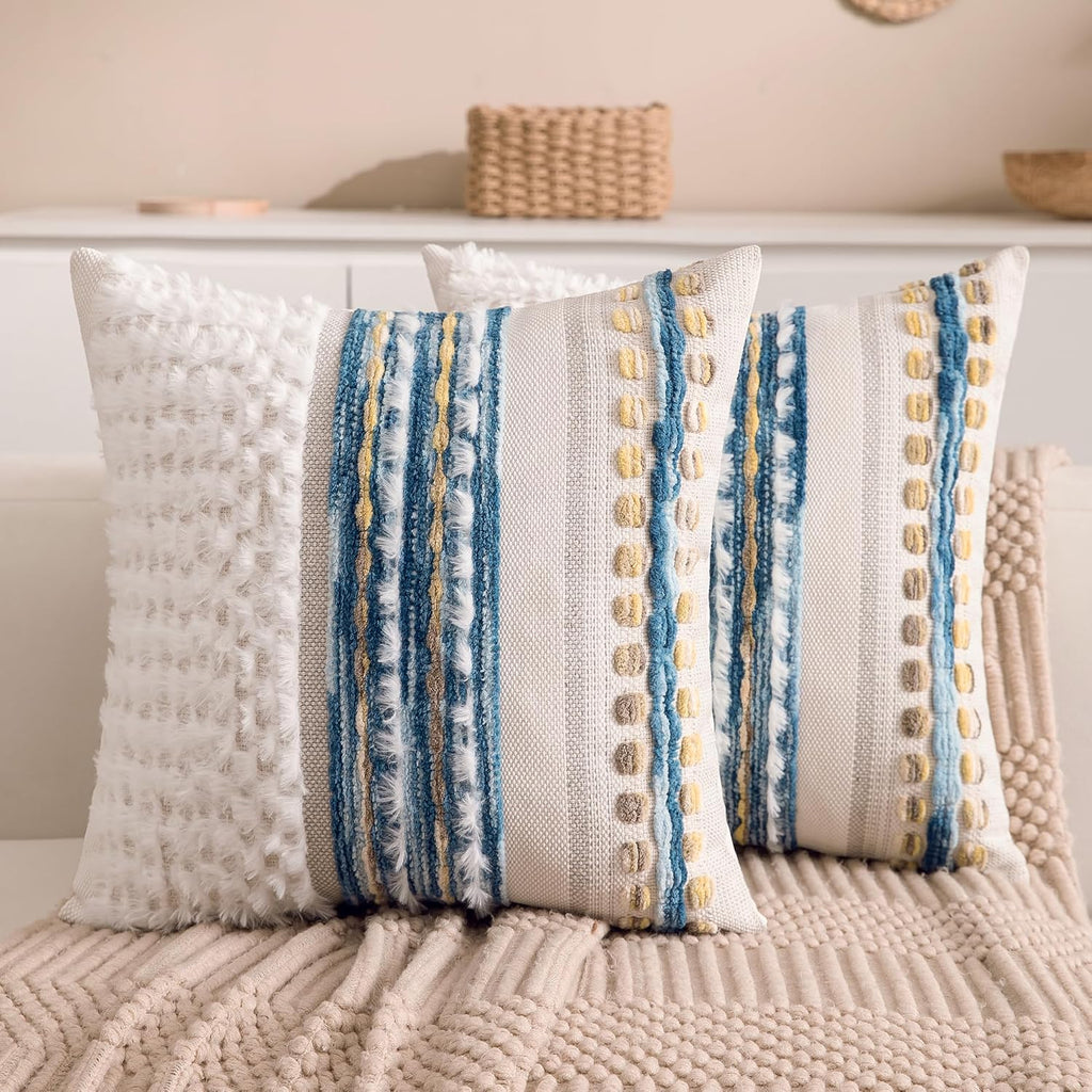 Boho Chenille Tufted Couch Throw Pillow Covers 18x18 Inch Set of 2 Farmhouse Striped Decorative Pillow Covers Accent Neutral Square…