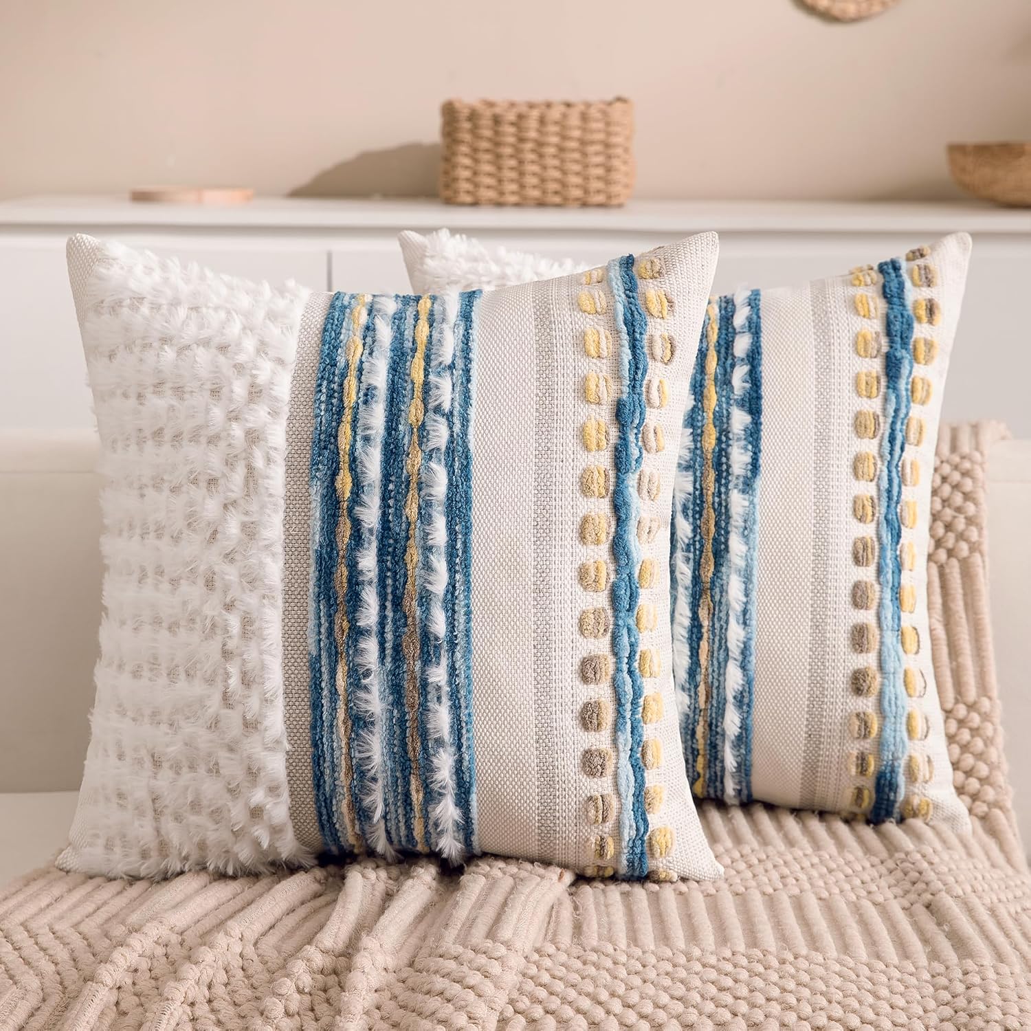 Boho Chenille Tufted Couch Throw Pillow Covers 18x18 Inch Set of 2 Farmhouse Striped Decorative Pillow Covers Accent Neutral Square…
