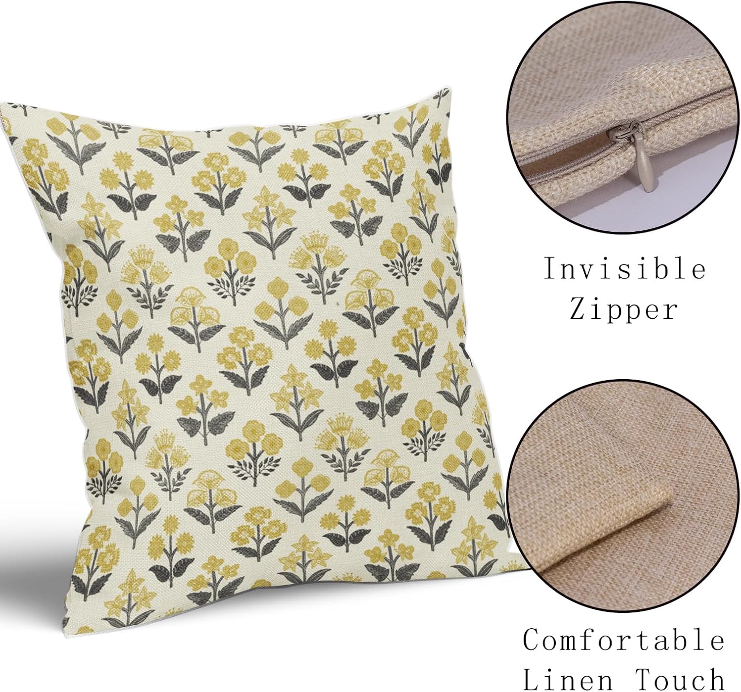 Black Yellow Floral Pillow Covers 16x16 Inch Set of 2, Vintage Flower Block Print Spring Summer Decorative Throw Pillowcases Outdoor…