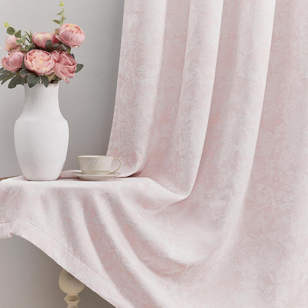 Beauoop Pink Floral Jacquard Blackout Curtains 63 Inches Long 2 Panels for Bedroom Living Room Chenille Flower Room Darkening Thermal…