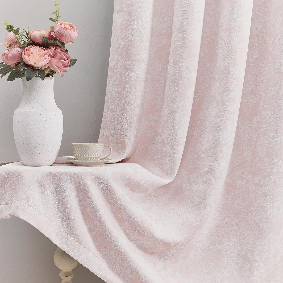 Beauoop Pink Floral Jacquard Blackout Curtains 96 Inches Long 2 Panels for Bedroom Living Room Chenille Flower Room Darkening Thermal…
