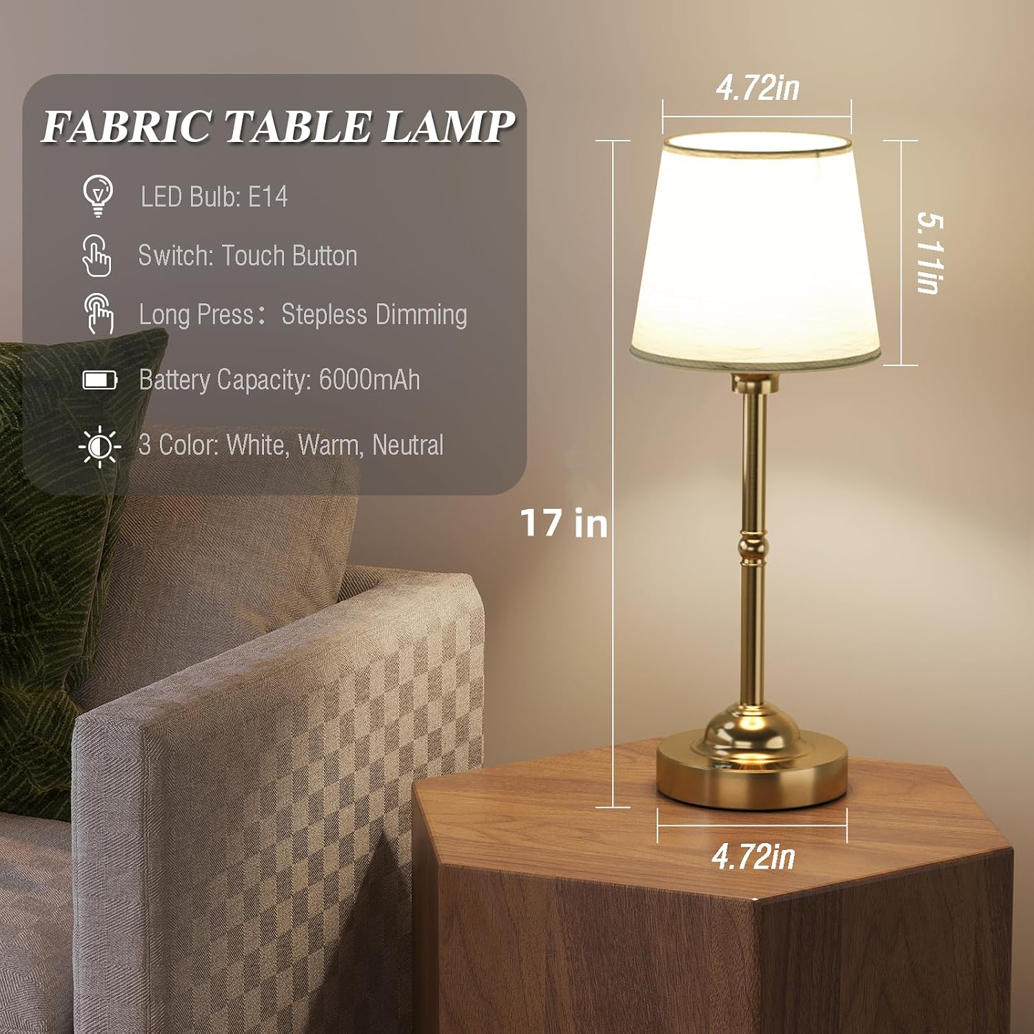 CHLORANTHUS 2 Pack Cordless Table Lamps, 3 Colors Stepless Dimming Fabric Desk Lamp, 6000mAh Rechargeable Battery LED Desk Lamp, Touch…