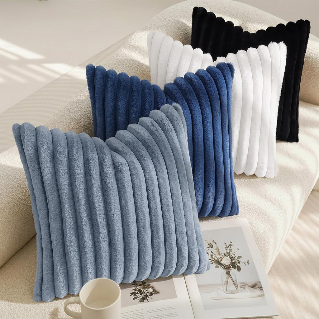 decorUhome Cozy Faux Fur Throw Pillow Covers 22x22 Set of 2 Decorative Soft Plush Striped Modern Farmhouse Boho Couch Euro Sham Pillow Case…