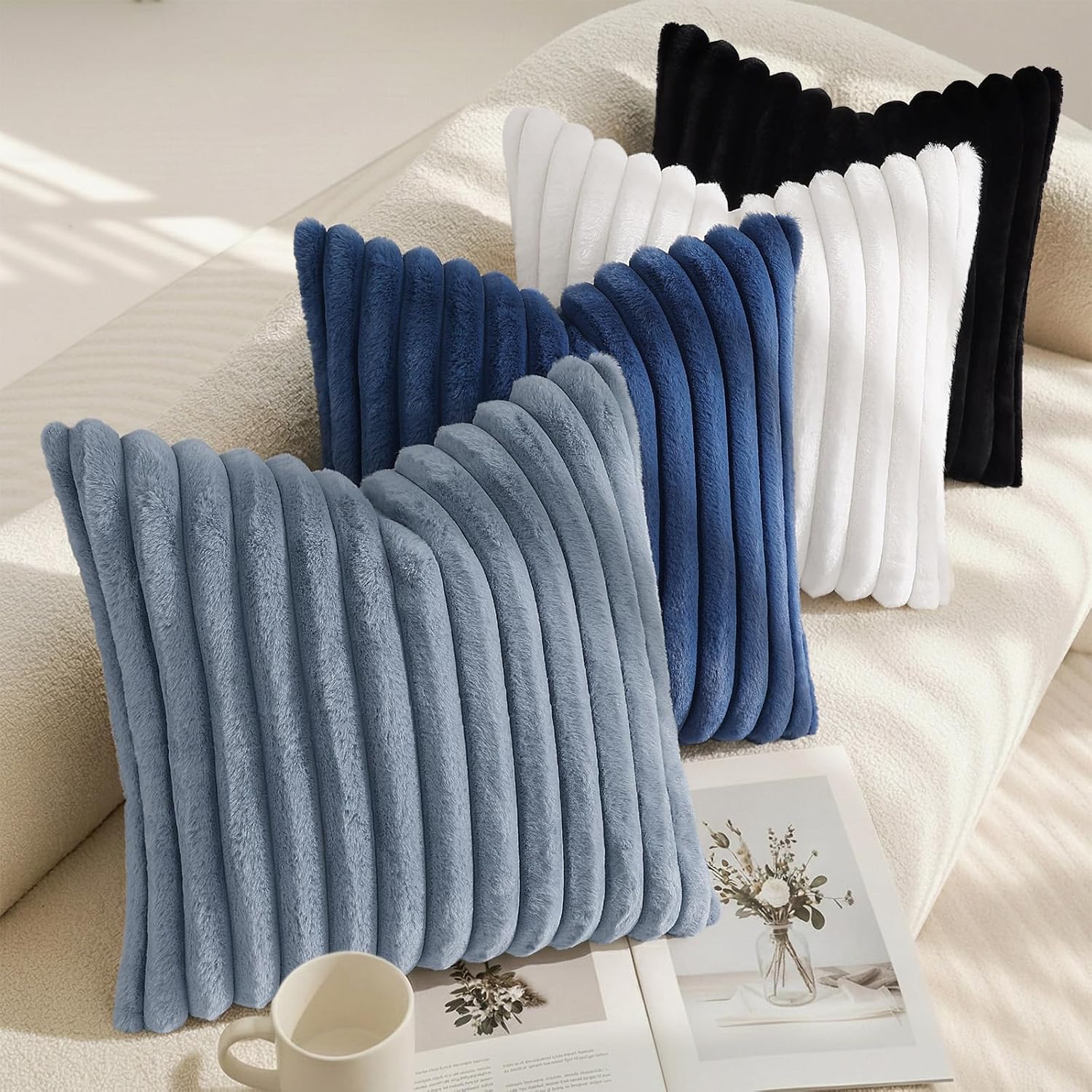 decorUhome Cozy Faux Fur Throw Pillow Covers 26x26 Set of 2 Decorative Soft Plush Striped Modern Farmhouse Boho Couch Euro Sham Pillow Case…