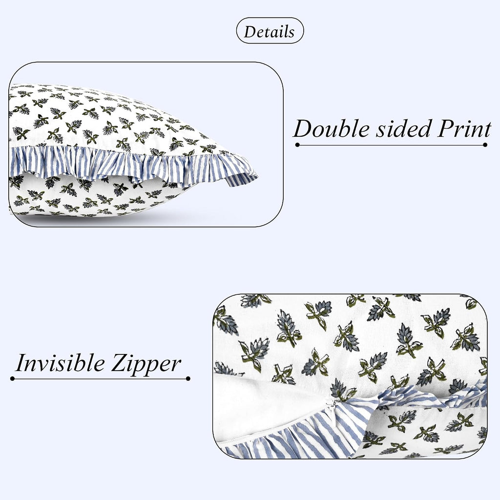 Ridhi Block Print Baby Blossams 36"x14" Set 1-100% Cotton Ruffle Lumbar Sham Cover Boho Floral Pillowcase, Farmhouse Cottagecore Bedding…