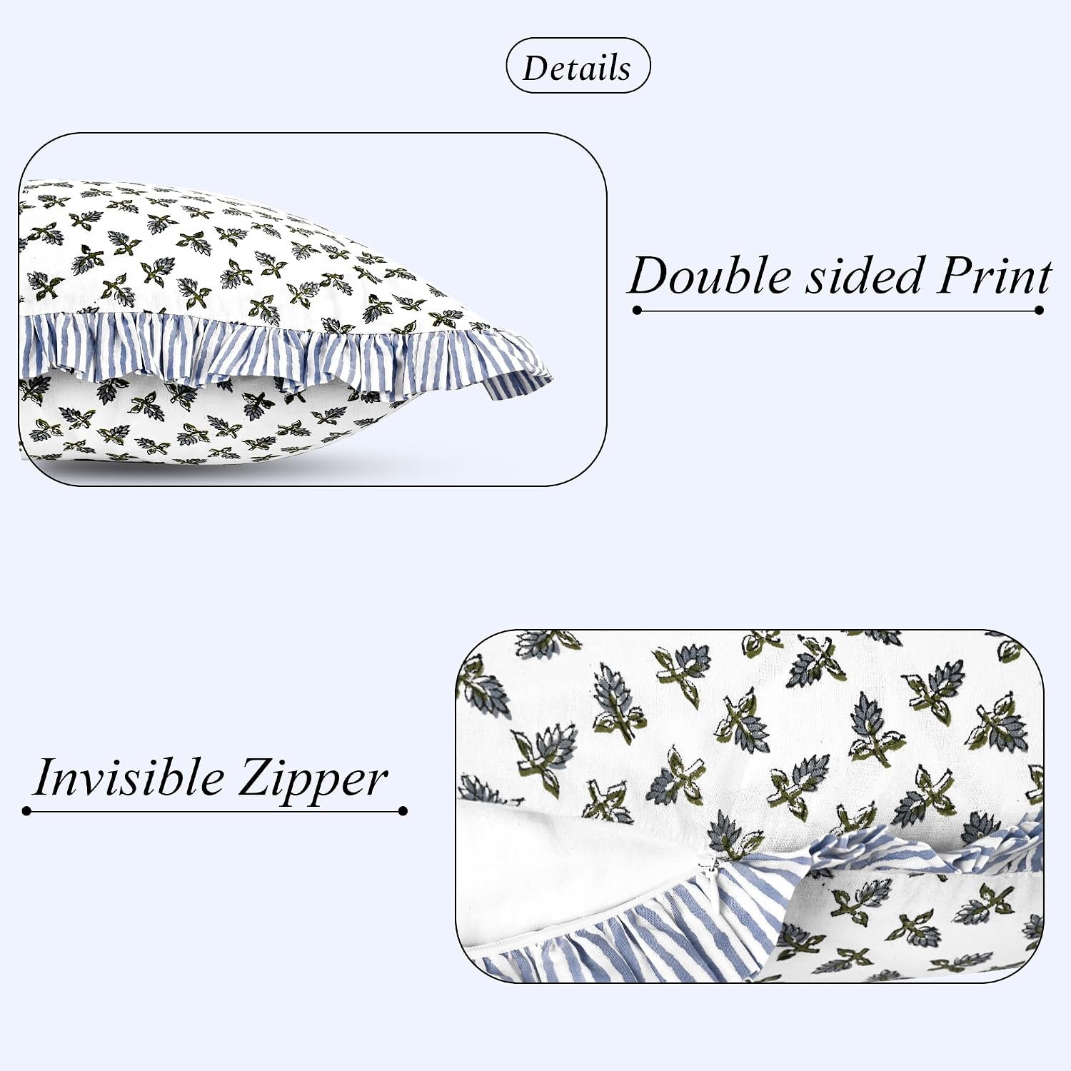 Ridhi Block Print Baby Blossams 36"x14" Set 1-100% Cotton Ruffle Lumbar Sham Cover Boho Floral Pillowcase, Farmhouse Cottagecore Bedding…