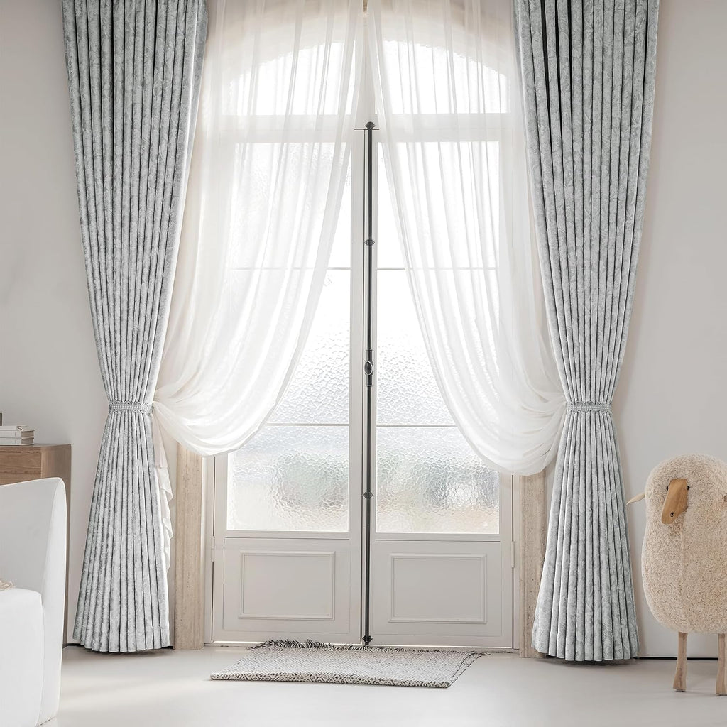 Beauoop Grey Floral Jacquard Blackout Curtains 84 Inches Long 2 Panels for Bedroom Living Room Gray Flower Chenille Room Darkening…
