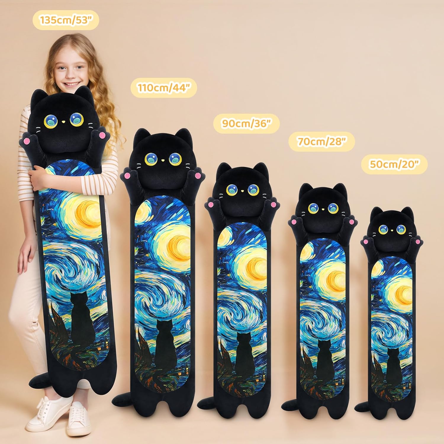 Mewaii Long Cat Plush 5 Sizes, 120% Extra Filling Giant Plushness Kids Body Pillow, Kawaii Cute Black Starry Cat Stuffed Animals…