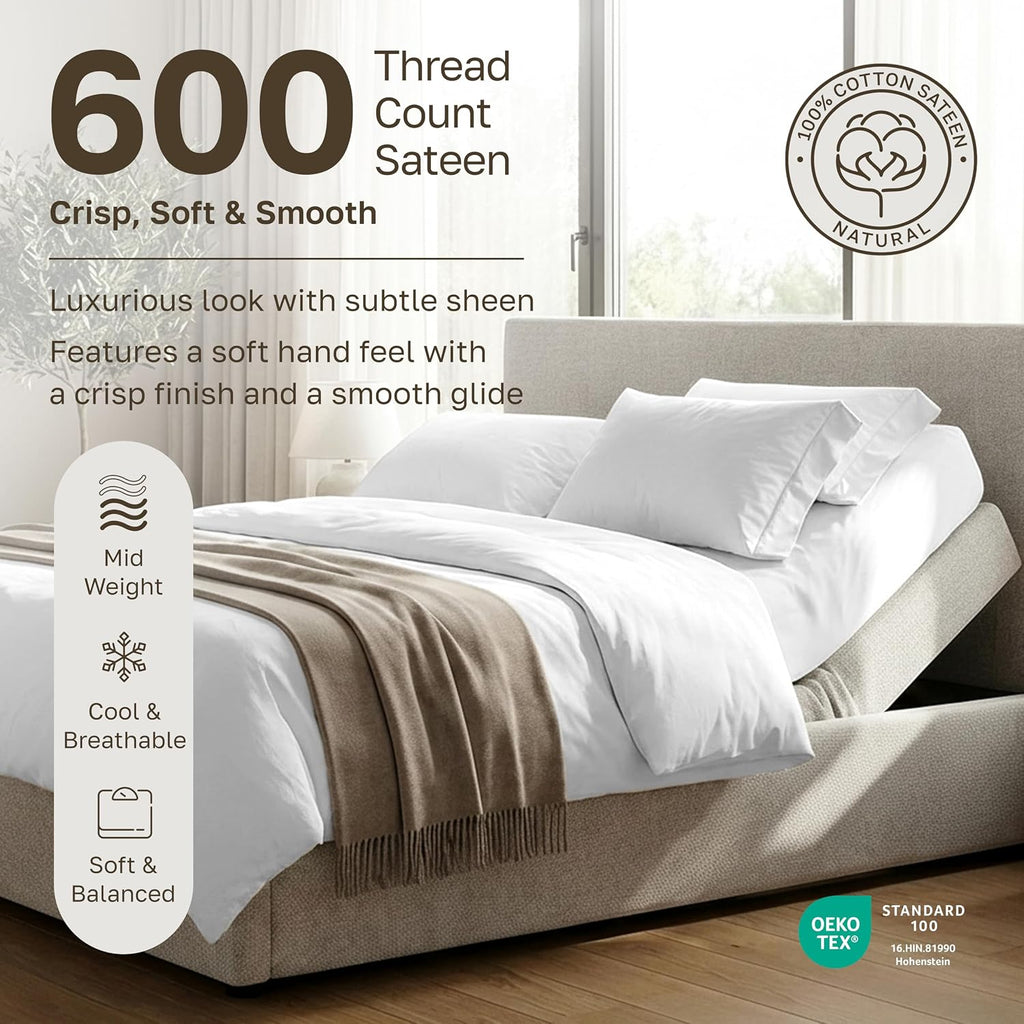 CaliforniaDesignDen California Design Den 100% Cotton Split King Sheets, 600 Thread Count Sateen, Soft, Cooling Cotton Sheets, Durable Bedd…