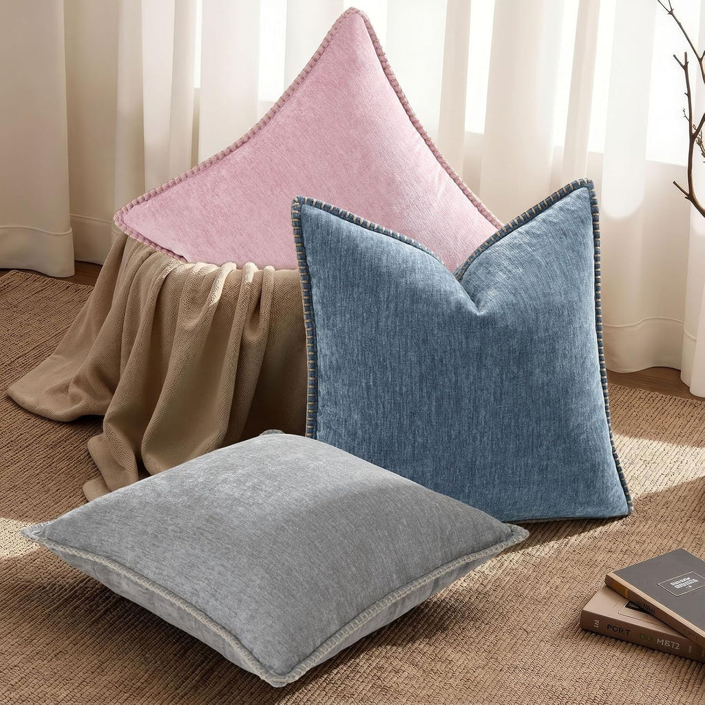 decorUhome Chenille Soft Throw Pillow Covers 20x20 Set of 2, Farmhouse Velvet Neutral Decorative Pillow Covers with Stitched Edge for Couch…