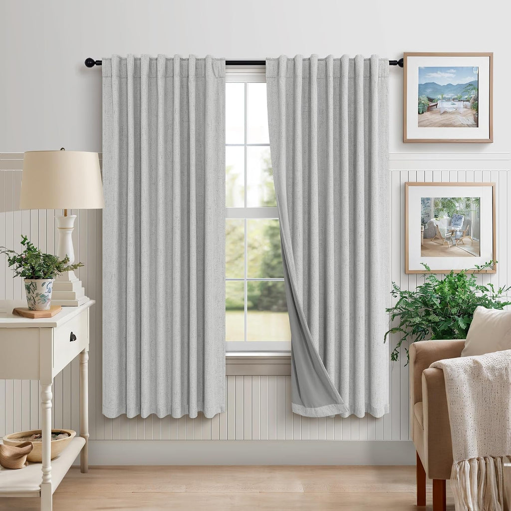 Pitalk 63 Inch Length Curtains for Living Room Black Out 2 Panel Faux Linen Rustic Country Farmhouse Style Room Darkening Light Gray Blacko…