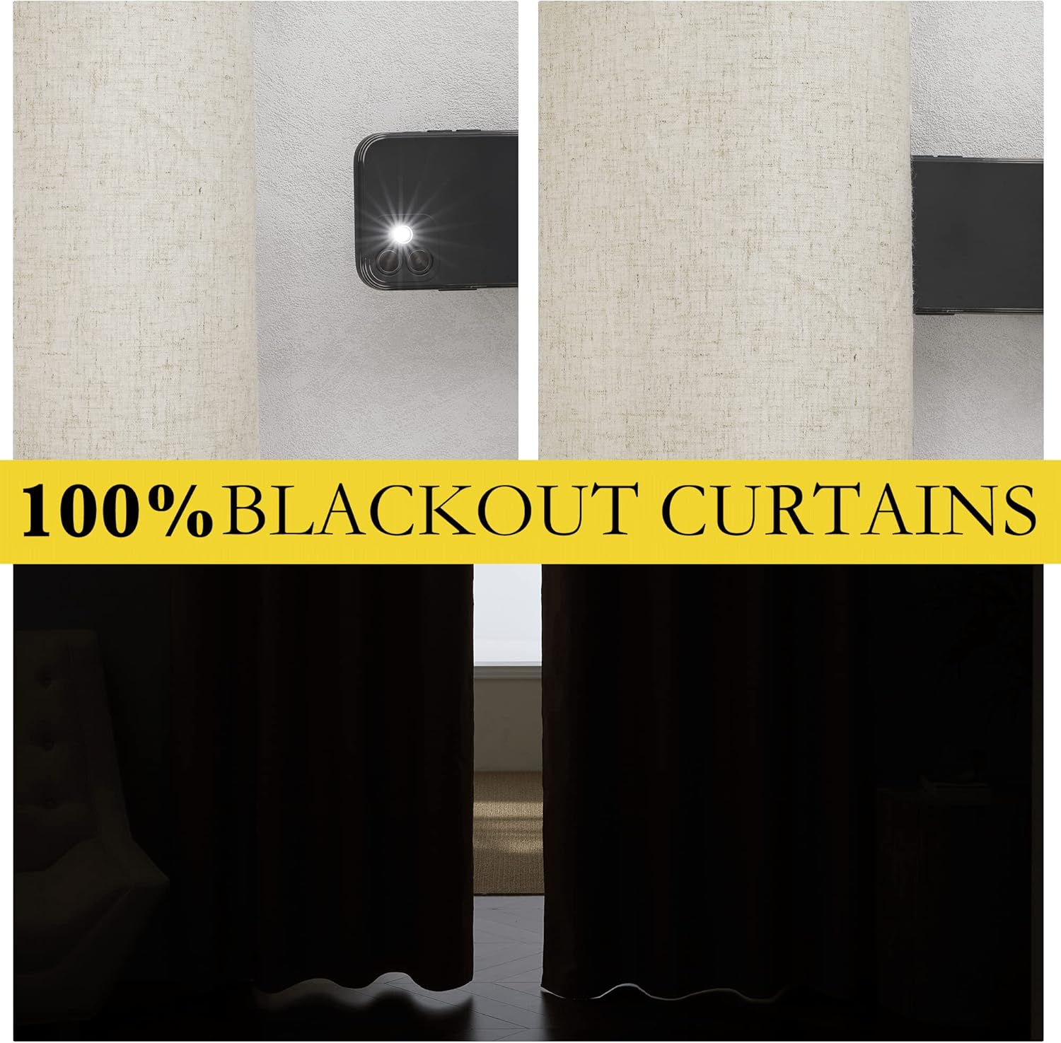 NICETOWN Farmhouse Style 100% Blackout Natural Linen Curtains 90 inches Length, 2 Panels, 42" W, Room Cooling Window Draperies with…