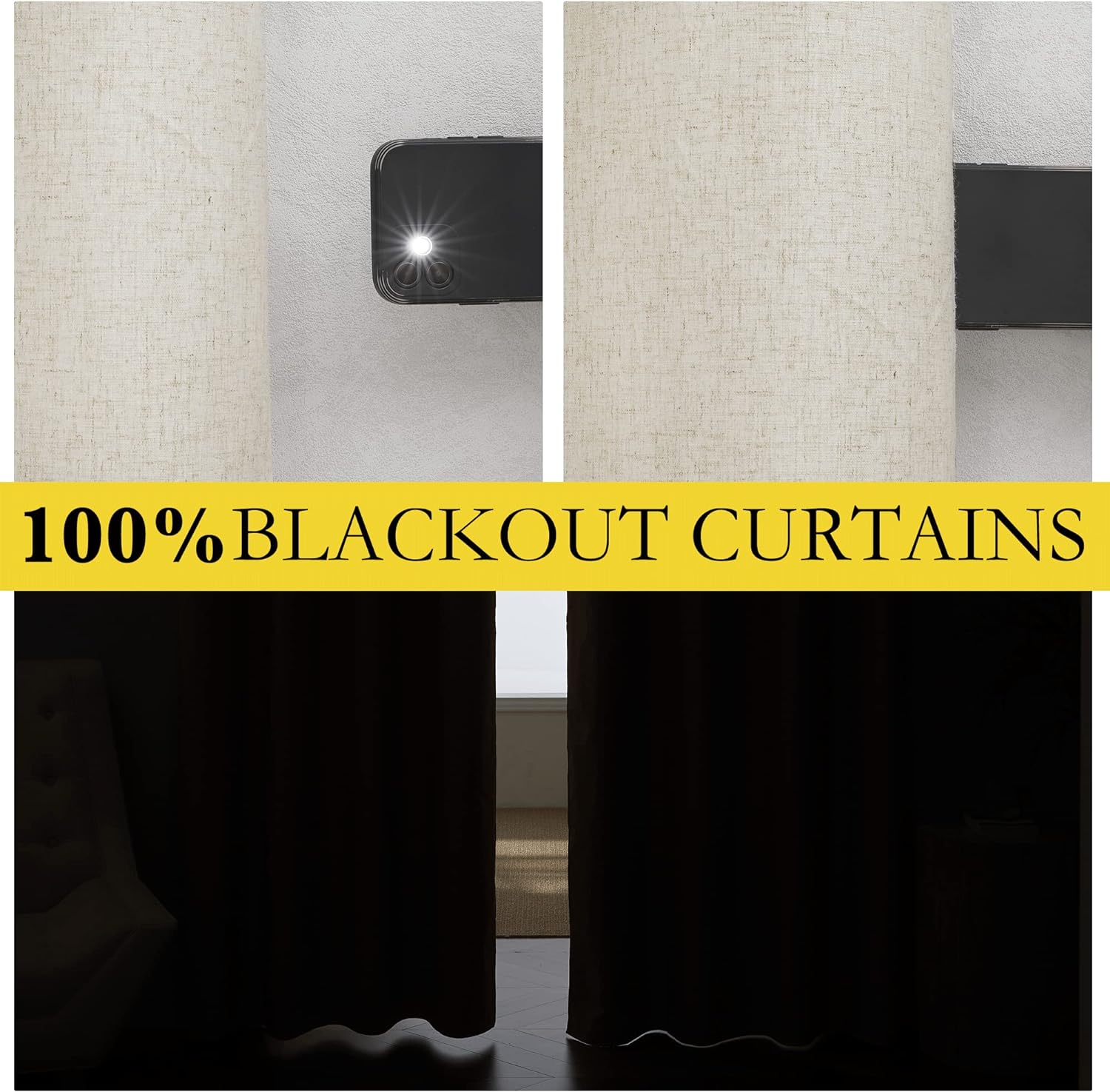 NICETOWN Natural Linen 100% Blackout Curtains 120 inches Length 2 Panels Set with Thermal Insulated Liners, 52" Width, Farmhouse Style…