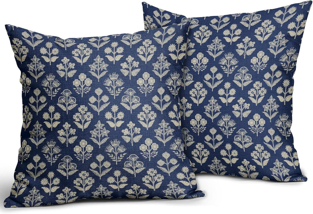 Dark Blue Floral Block Print Pillow Covers 18x18 Inch Set of 2, Vintage Flower Pattern Decorative Throw Pillowcases Outdoor Farmhouse…